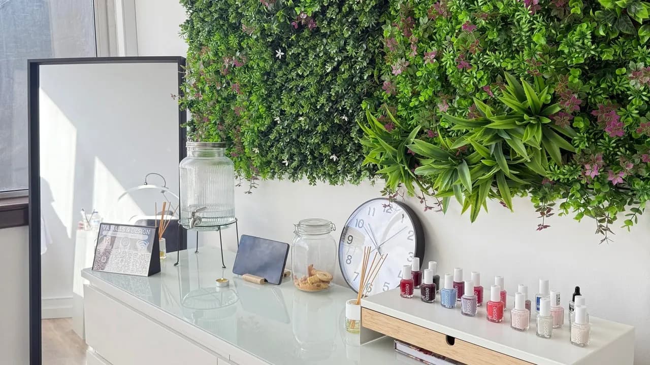 Bancada branca do estúdio com parede de plantas, vernizes alinhados e luz natural de janela